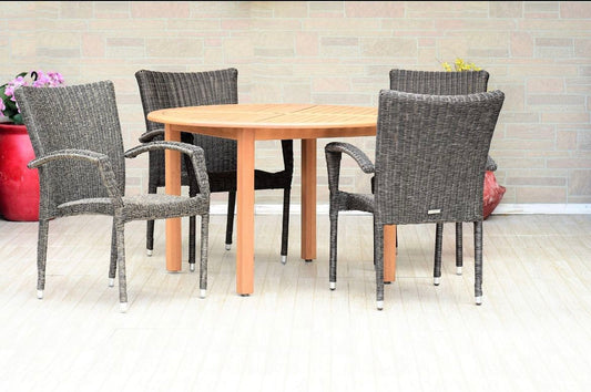 WAS $1299 NOW $659 BRAND NEW Open Box 5 Piece 100% FSC Solid Teak Finish & Wicker Round Patio Dining Set