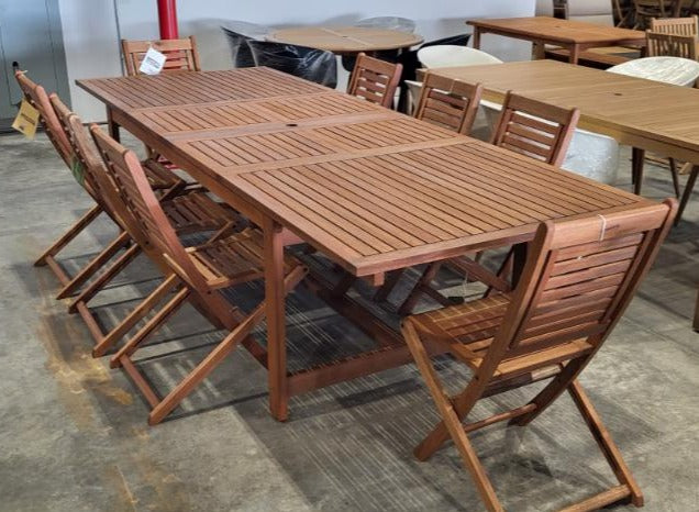 WAS $1999 NOW $999 *BRAND NEW* OPEN BOX 9 Piece Extendable 100% FSC Certified Solid Wood Outdoor Dining Set