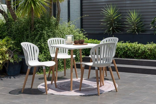 WAS $949 NOW $599 BRAND NEW 5 Piece Square Dining Set | 100% FSC Certified Wood & White Resin | Ideal Furniture Set for Outdoor