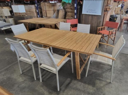 WAS $2299 NOW 1459 *BRAND NEW* OPEN BOX 7 Piece Extendable 100% FSC Certified Teak Wood Outdoor Dining Set