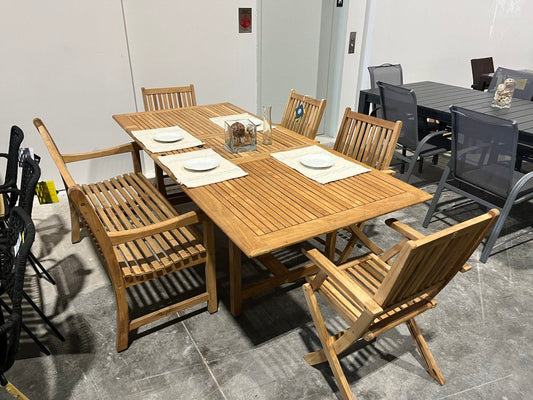 WAS $2499 NOW $1199. *BRAND NEW* OPEN BOX Rectangular Extended Patio 6 Piece 100% FSC Solid Teak Wood Dining Set