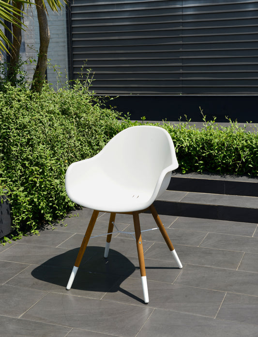 WAS $199. NOW $59. BRAND NEW Arm White Chair Made Of 100% FSC Solid Wood Legs & Resin, Ideal Furniture For Outdoor