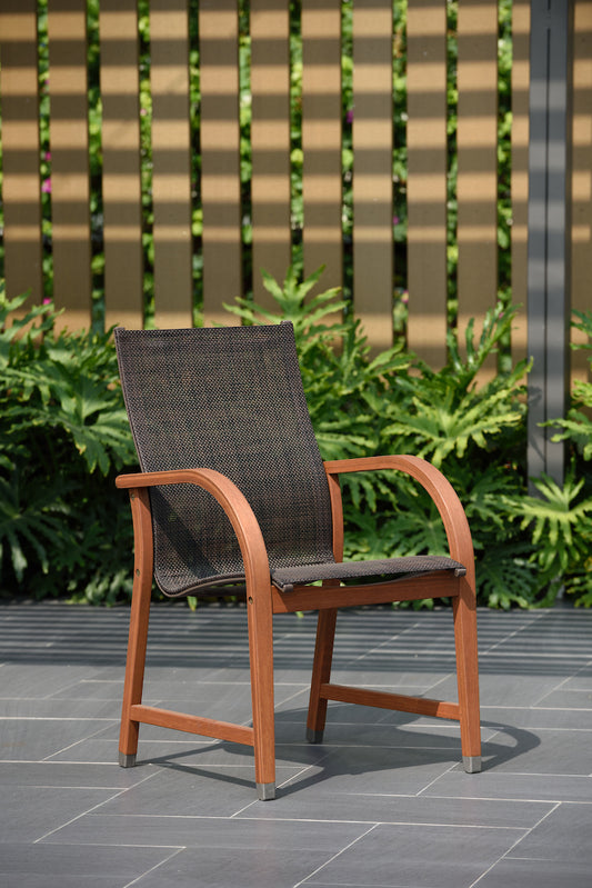 WAS $299. NOW $99. BRAND NEW Arm Brown Chair Made Of 100% FSC Solid Wood & Weather-Net, Ideal Furniture For Outdoor
