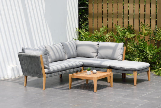 WAS $2499. NOW $999. . BRAND NEW Grey Conversation Set 100% FSC Solid Teak Finish Wood Legs & Olefin, Ideal Furniture For Outdoor