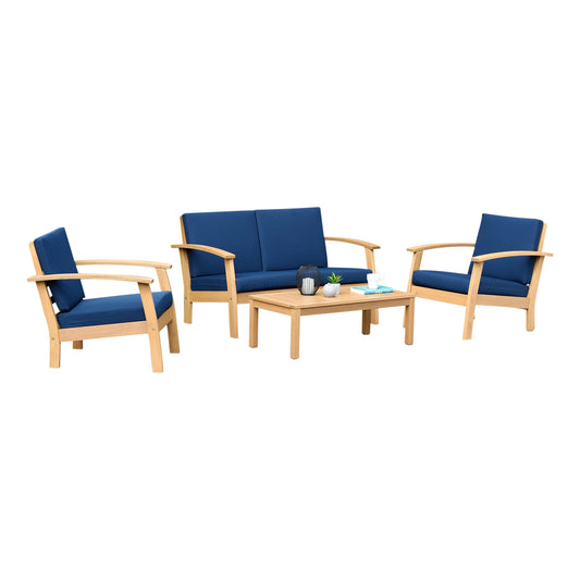 Kingsbury Teak Finish 100% FSC Certified Solid Wood With Blue Cushion Seating Set